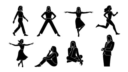 Set of vector silhouettes of a woman in different poses like walking, running, sitting, and standing