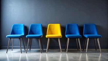 Yellow chair among blue chairs against dark wall, symbolizing individuality and visual contrast.