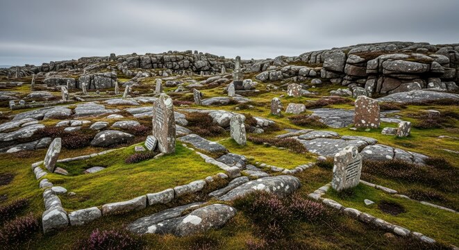 Ancient stone graves in rocky celtic landscape under cloudy sky