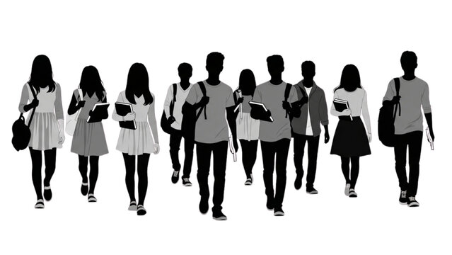 Silhouette of a diverse group of college students walking forward together