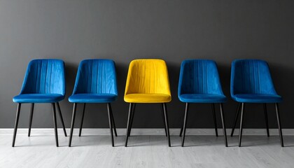 Yellow chair among blue chairs against dark wall, symbolizing individuality and visual contrast.