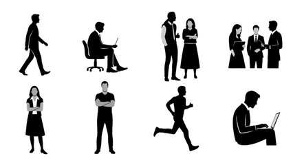 Diverse silhouettes of people in motion and at work, illustrating modern life and business concepts