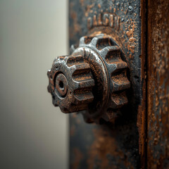A metallic hardware element, such as a intricately designed gear or bolt, with a rustic, worn texture