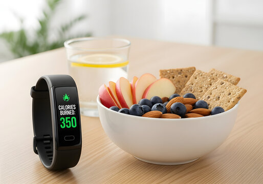 Fitness tracker with healthy snack on table concept for health and wellness