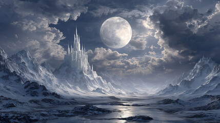 Obraz premium Magical winter landscape with towering ice castle illuminated by a bright full moon and surrounded by majestic snowy mountains