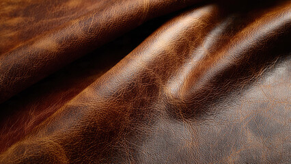 A close-up view of richly textured, supple brown leather with natural creases and folds, showcasing its vintage and rustic appeal.