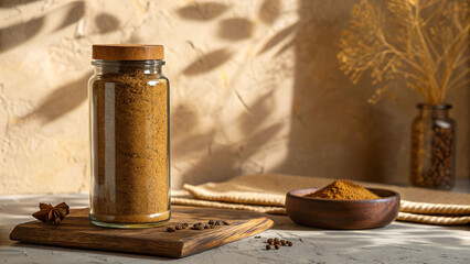 Tall jar with ground cumin, earthy color palette, soft side lighting,