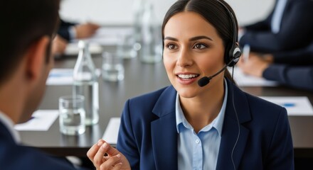 A woman in a blue suit with a headset, engaged in a meeting with colleagues.