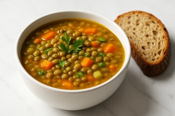 Warm lentil soup with vegetables and parsley in white bowl beside rustic bread slice on light marble background, cozy healthy meal concept. Ai generative