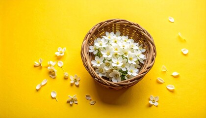 Wicker basket of white flowers on yellow surface, evoking cheerful spring freshness.