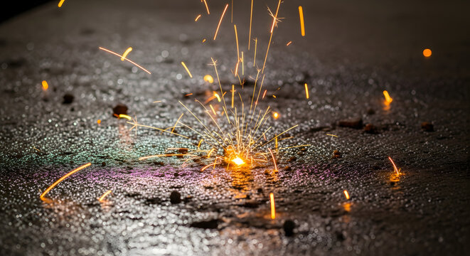 Welding Sparks and Glowing Splatter on a Dark Surface, Industrial Fabrication with Bright Yellow-Orange Welding Sparks on Dark Textured Ground