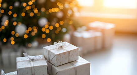 Christmas presents boxes with festive bokeh background. Space for text. Christmas background