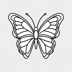 Elegant black and white line art illustration of a detailed butterfly with intricate wings and antennae on a transparent background