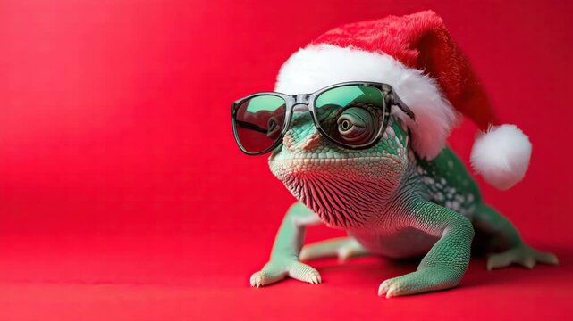 Chameleon wearing sunglasses and santa hat celebrating christmas on red background