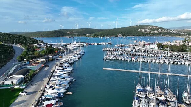 izmir sigacik drone shooting - 4k image of the aegean fishing town sığacık, teos marina and historical castle taken with drone