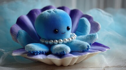 Cozy Little Octopus Cuddles Seashell Pillow in a Serene Marine Night Setting