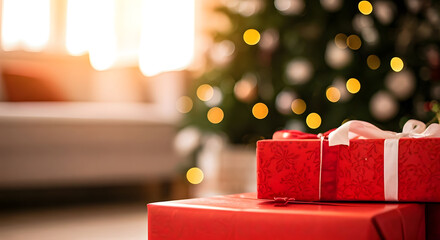Red gift boxes with white ribbons waiting under a christmas tree. Blurred background