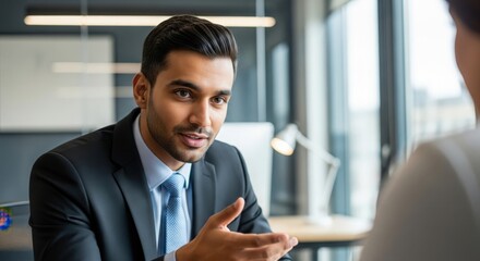 Indian Consultant Guiding Client – Offering strategic advice in a modern office