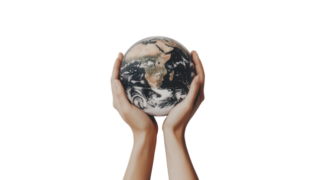 Hands holding a globe isolated on transparent background, symbolizing environmental awareness, global unity, and the importance of sustainable practices for the planet