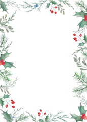 Watercolor Christmas botanical frame. Holiday background. Hand drawn illustration. Festive border. Vector EPS.