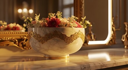 Luxury Floral Arrangement in Marble Bowl on Elegant Vanity

