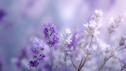 Naklejka premium Close-up of delicate purple and white lavender blossoms in a dreamy, soft-focus field, evoking tranquility and natural beauty.