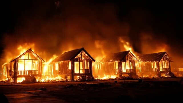 Row of wooden beach huts burning intensely at night orange flames, thick smoke, silhouettes on sand