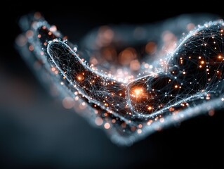 Hand Holding Glowing Blue Particle Network with Connected Lines on Dark Background, Futuristic Data AI Tech Concept with Soft Bokeh Lights, Ultra HD 8K Render