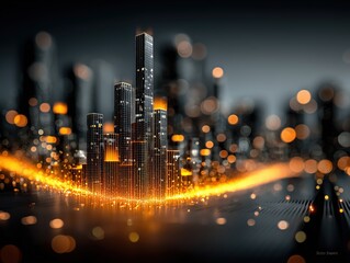 Futuristic Holographic Data Visualization with Glowing Blue-Orange Bar Charts and Particle Trails on Tech Grid Interface, Blurred City Nightscape with Bokeh Lights, Ultra HD 8K Render