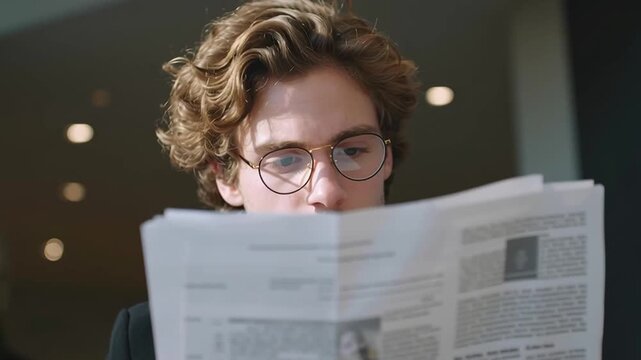 Young man reading newspaper portrait indoor business desk glasses portrait reading thoughtful expression calm expression ai driven job impact modern