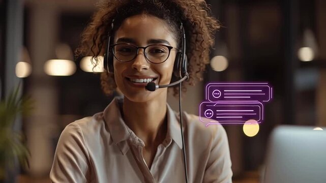 Young woman headset smile laptop office customer service chat ai driven job impact modern workplace positive support agent interacting with chat