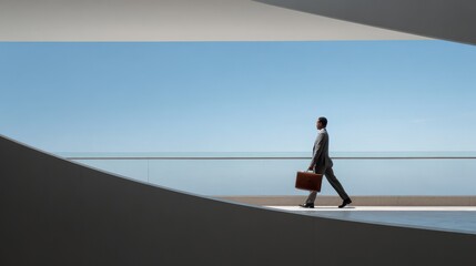 Obraz premium Businessman Walking with Briefcase in a Minimalist Architectural Environment.