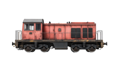 A vintage red diesel locomotive, isolated on transparent background, showcasing its weathered appearance and industrial design, reminiscent of a bygone era