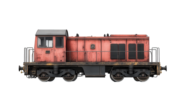 A vintage red diesel locomotive, isolated on transparent background, showcasing its weathered appearance and industrial design, reminiscent of a bygone era