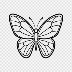 Elegant black and white line art butterfly illustration with intricate wing details and delicate antennae on a transparent background