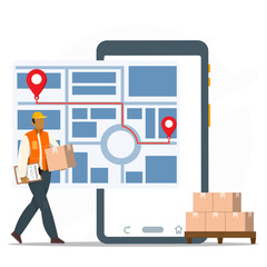 Delivery person with mobile phone and packages, ideal for online shopping, delivery services, courier apps, and technology concept. © AlHanif