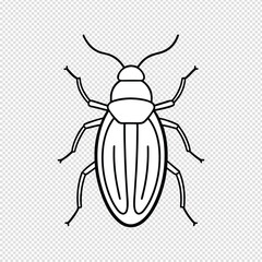 Simple black and white line art illustration of a six legged beetle with antennae on a transparent background
