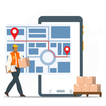 Delivery person with mobile phone and packages, ideal for online shopping, delivery services, courier apps, and technology concept.