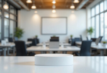 White empty table top surface in front, blurred office background. Blank desk in focus, blurred business room. Close-up podium, pedestal, for presentation product. Office banner.