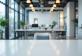 White empty table top surface in front, blurred office background. Blank desk in focus, blurred business room. Close-up podium, pedestal, for presentation product. Office banner.