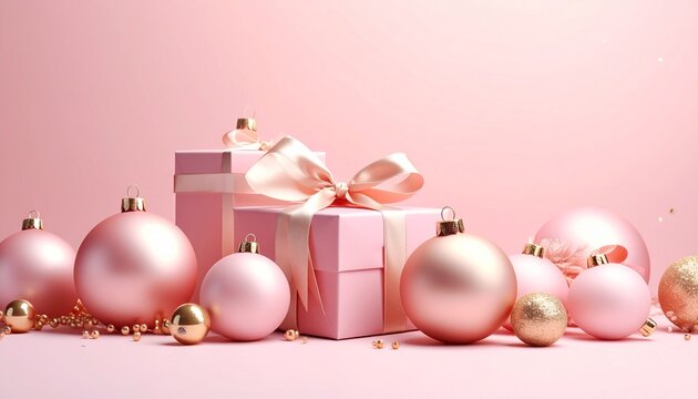 柔らかなブラッシュローズの背景に、ソフトピンクのオーナメントやゴールドリボン、そして可愛らしいギフト包装が並ぶスイートなホリデーイメージです。
優しい色調と甘いアクセントが、ロマンティックで温かな祝祭ムードを演出します。