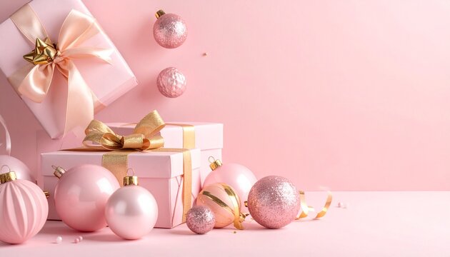 柔らかなブラッシュローズの背景に、ソフトピンクのオーナメントやゴールドリボン、そして可愛らしいギフト包装が並ぶスイートなホリデーイメージです。
優しい色調と甘いアクセントが、ロマンティックで温かな祝祭ムードを演出します。