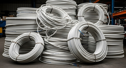 A large stockpile of new white PEX tubing for plumbing applications ready for installation, Bundles of coiled PEX tubing stacked in a warehouse waiting to be distributed to construction sites
