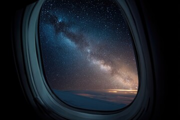 A celestial view through an airplane window, revealing the Milky Way above the clouds