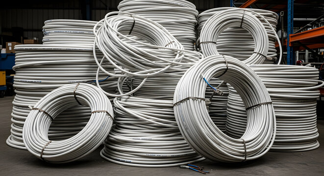 A large stockpile of new white PEX tubing for plumbing applications ready for installation, Bundles of coiled PEX tubing stacked in a warehouse waiting to be distributed to construction sites
