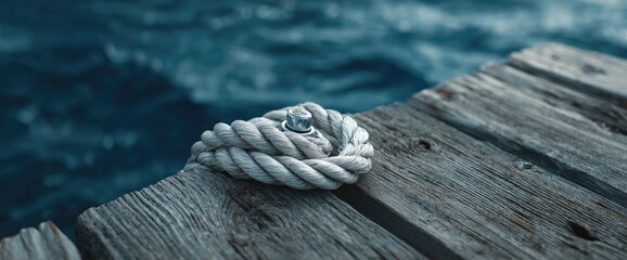 Close-up of weathered wooden planks with a knotted rope securing to a metal fixture