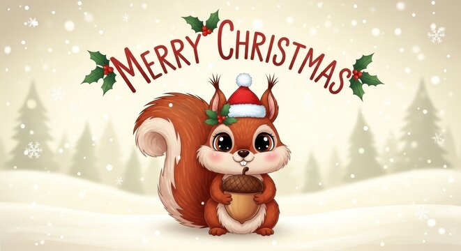 Merry Christmas – cartoon squirrel in Santa hat holding acorn in snowy forest with falling snowflakes and pine trees. Cheerful winter scene for holiday cards and seasonal decorations.
