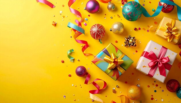 鮮やかなイエロー背景に、遊び心あるオーナメントやカラフルなリボン、 cheerful なギフトボックスが並ぶ元気いっぱいのホリデーイメージです。
明るい配色が楽しい祝祭ムードとポップな季節感を演出します。
冬イベント、クリスマス販促、SNS投稿、カードやバナーなどに幅広く活用できます。