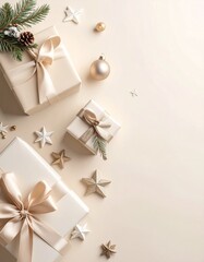 【説明文（日本語 約4行）】
柔らかなクリーム背景に、ニュートラルトーンのギフトと控えめなオーナメントが整然と配置された、落ち着いたミニマルホリデーイメージです。
優しい色合いが洗練された静けさと上品な季節感を演出します。
冬イベント、クリスマス販促、SNS投稿、カード、広告などに幅広く活用できます。