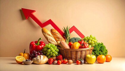 Fresh produce with rising red arrow on beige.